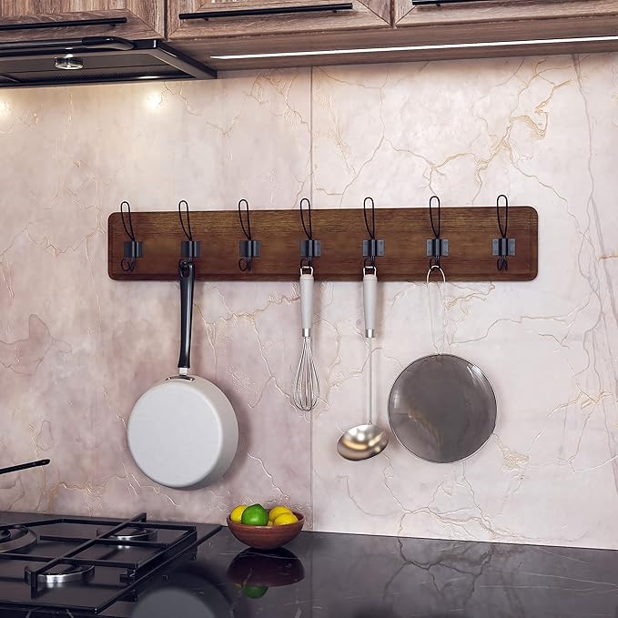 HBCY Creations Rustic Brown Solid Wood Wall Mounted Coat Rack with Shelf, 7 Hooks, 34" Long - Kitchen, Mudroom, Entryway, Bathroom - Includes Mounting Hardware, Coat Hanger, Dog Leash Hooks