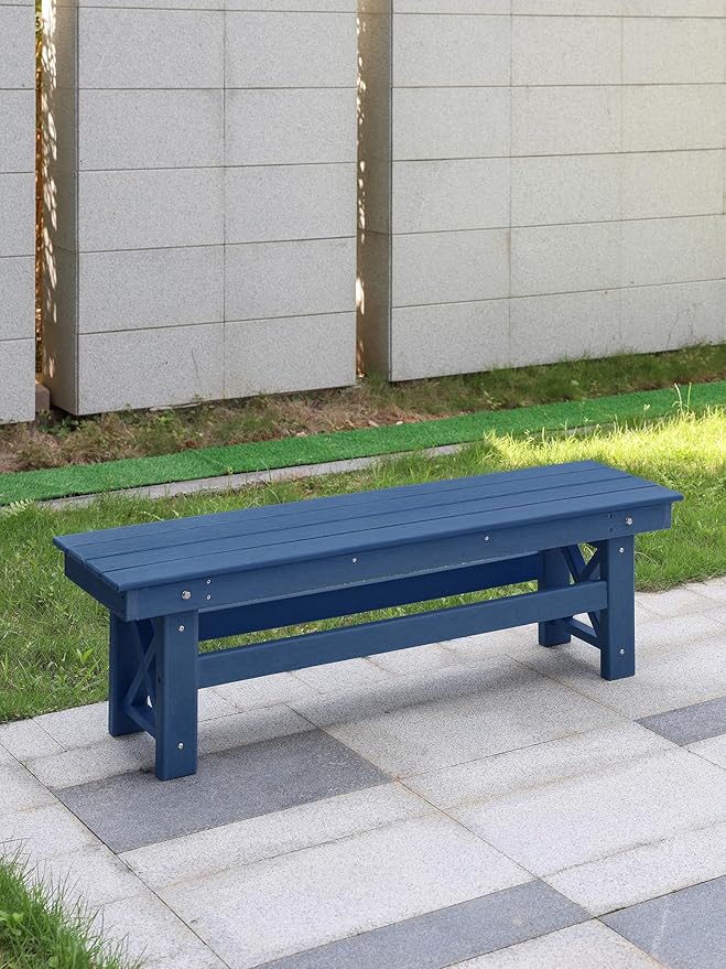 HDPE Outdoor Bench, 55" Patio Bench Outdoor Furniture, Poly Lumber Adirondack Benches, All Weather HDPE Garden Backless Benches for Park, Poolside, Deck, Porch, Navy