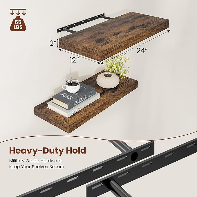12" Deep Floating Shelves for Wall 24 Inches Long, Heavy Duty Wall Shelves for Bedroom Bathroom Kitchen Laundry Room, Farmhouse Rustic Shelves for Home Decor, 24" X 12" X 2" Set Of 2, Rustic Brown