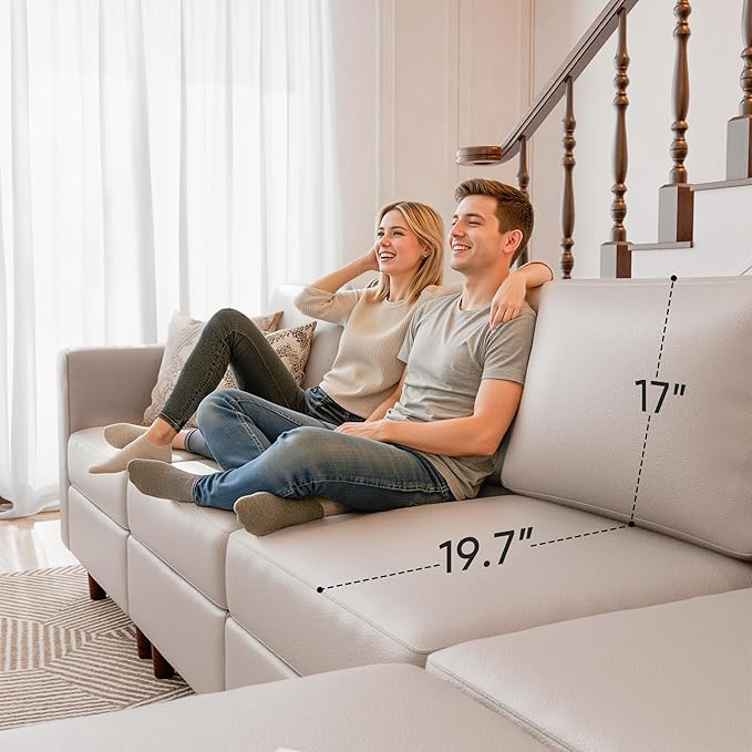 91.5" Faux Leather Modular Sectional Sofa, L Shaped Couch Set for Living Room, 3-Seater Comfy Cloud Couches with Movable Storage Ottoman,DIY Combination - Whitesand