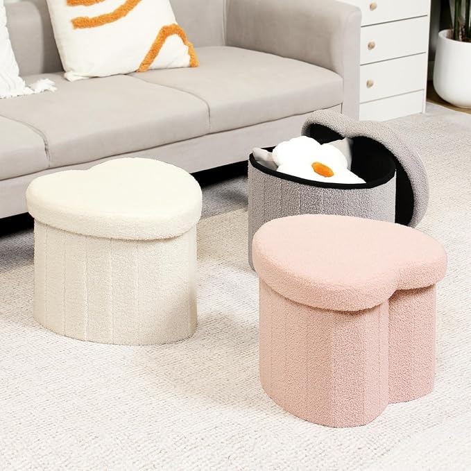 B FSOBEIIALEO Storage Ottoman Cube, Heart Shaped Ottomans with Storage Foot Stool Footrest for Lving Room, Boucle Ottoman Seat for Dorm Room,Faux Teddy Fur, Pink 15"x15"x15"