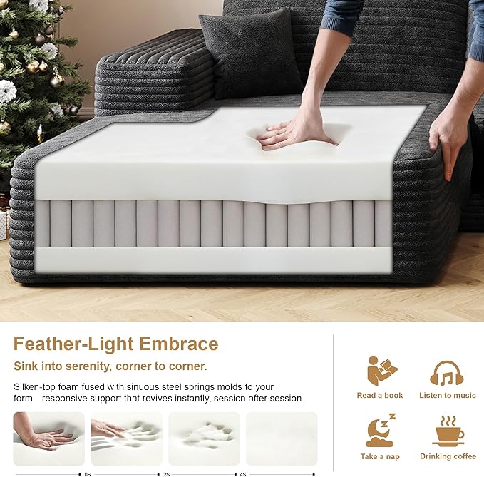 136" Sectional Couches for Living Room Modern Modular Sofa with L-Shape Couchs Upholstered Boneless Couch Deep Seat Sectional Couch with Chaise (Black, Left Facing Chaise+3Seaters+Ottoman)