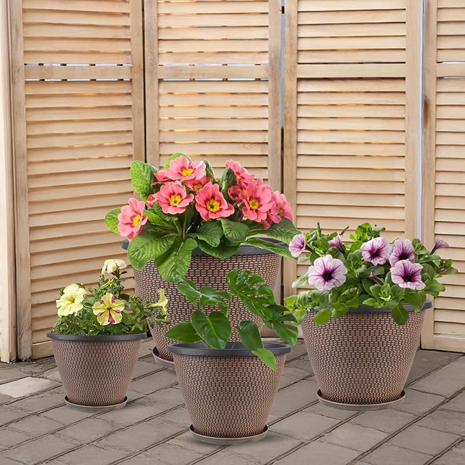16 inch Plant Pots, Large Planters for Outdoor Plants Set of 4, Round Plastic Flower Pots with Drainage Holes & Trays, Modern Decorative Indoor Garden Pot, Plant Container for House (Black Copper)