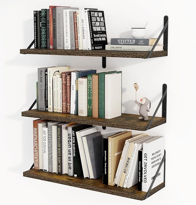 Heimlove 24 Inches Rustic Brown Floating Shelves,8 Inches Deep Wall Bookshelf Mounted Display&Storage Wood Wall Shelves for Kitchen Bathroom Laundry Living Room,Set of 3