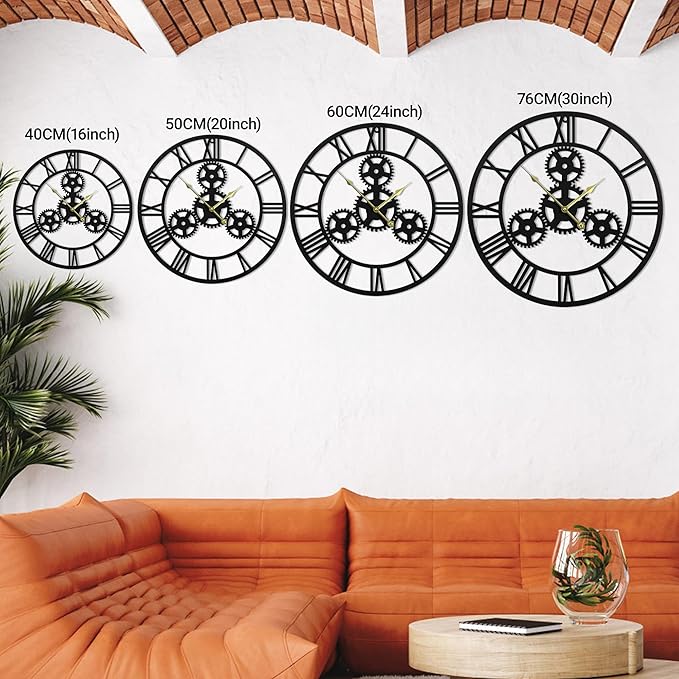 24inches/60cm Wall Clocks for Living Room Deco Non Ticking Silent Battery Operated Metal Modern Vintage Roman Numeral Oversized Gear Wall Clocks for Bedroom Kitchen Fireplace Office Farmhouse