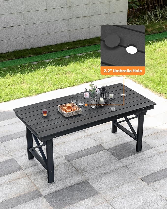 HDPE Outdoor Dining Table, 66.9” Rectangle Patio Dining Table for 6, All-Weather HDPE Outdoor Table with 2.2” Umbrella Hole, HDPE Patio Furniture for Deck, Backyard, Garden, Pool, Obsidian