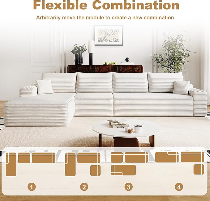 136" Sectional Couches for Living Room Modern Modular Sofa with L-Shape Couchs Upholstered Boneless Couch Deep Seat Sectional Couch with Chaise (White, Left Facing Chaise+3Seaters)