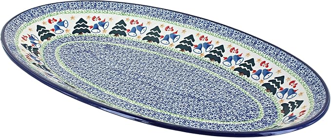 Blue Rose Polish Pottery Winter Bells Oval Platter