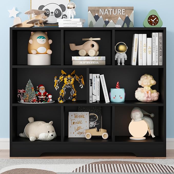 Book Shelf, 8 Cubes Storage Organizer, 3-Tier Open Shelf Wooden Bookcase, Freestanding Black Bookshelf Cube Shelf for Bedroom, Living Room, Home Office