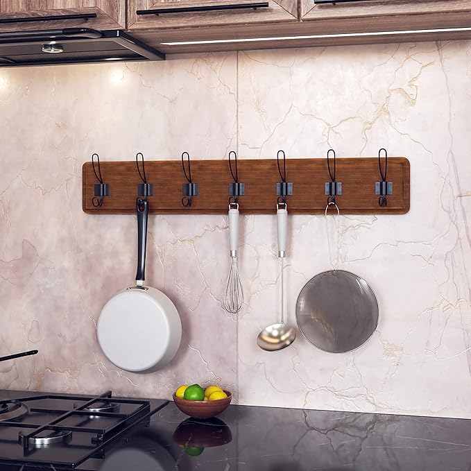 HBCY Creations Rustic Brown Solid Wood Wall Mounted Coat Rack with Shelf, 7 Hooks, 34" Long - Kitchen, Mudroom, Entryway, Bathroom - Includes Mounting Hardware, Coat Hanger, Dog Leash Hooks