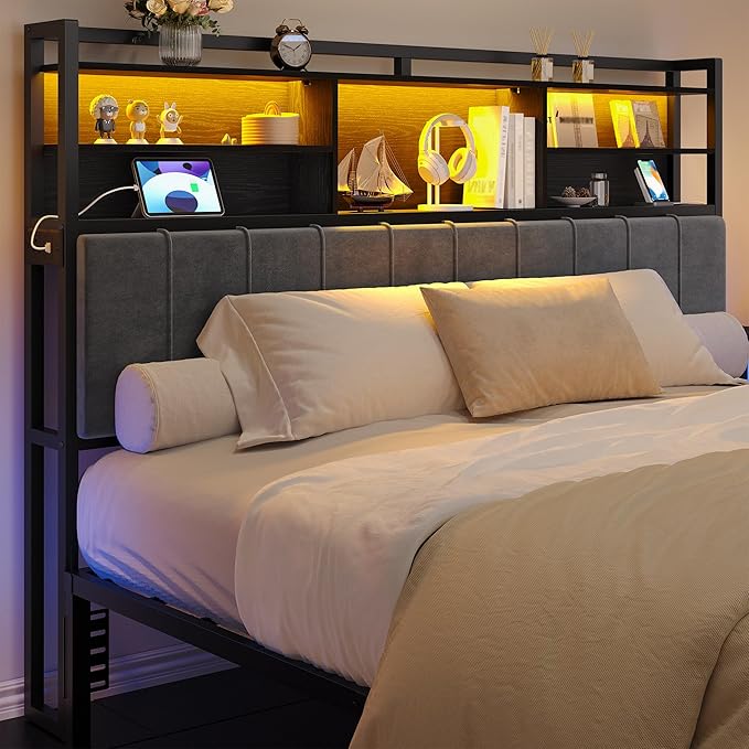 Headboard with 3-Tier Storage Shelves, Velvet Upholstered Head Board with 2 Outlets, USB Ports & LED Light, Soft Backrest for King Size Bed, Black BH19404B