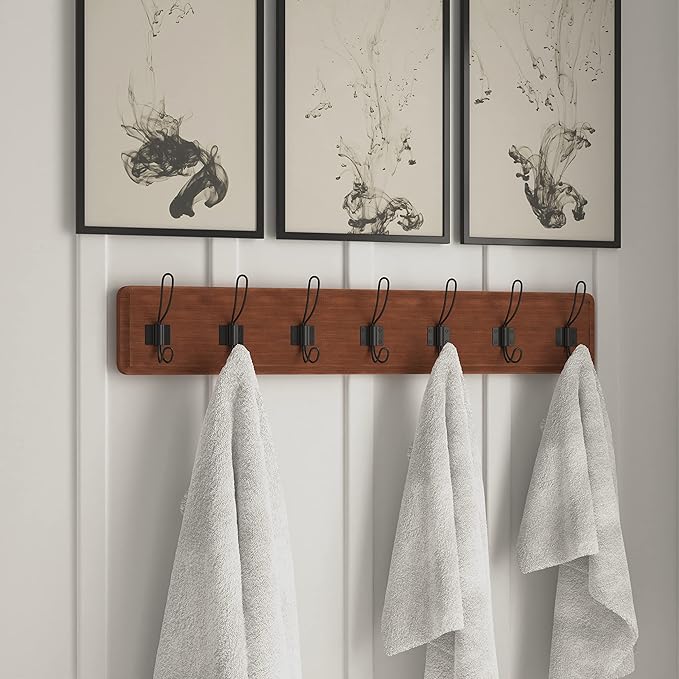 HBCY Creations Rustic Brown Solid Wood Wall Mounted Coat Rack with Shelf, 7 Hooks, 34" Long - Kitchen, Mudroom, Entryway, Bathroom - Includes Mounting Hardware, Coat Hanger, Dog Leash Hooks