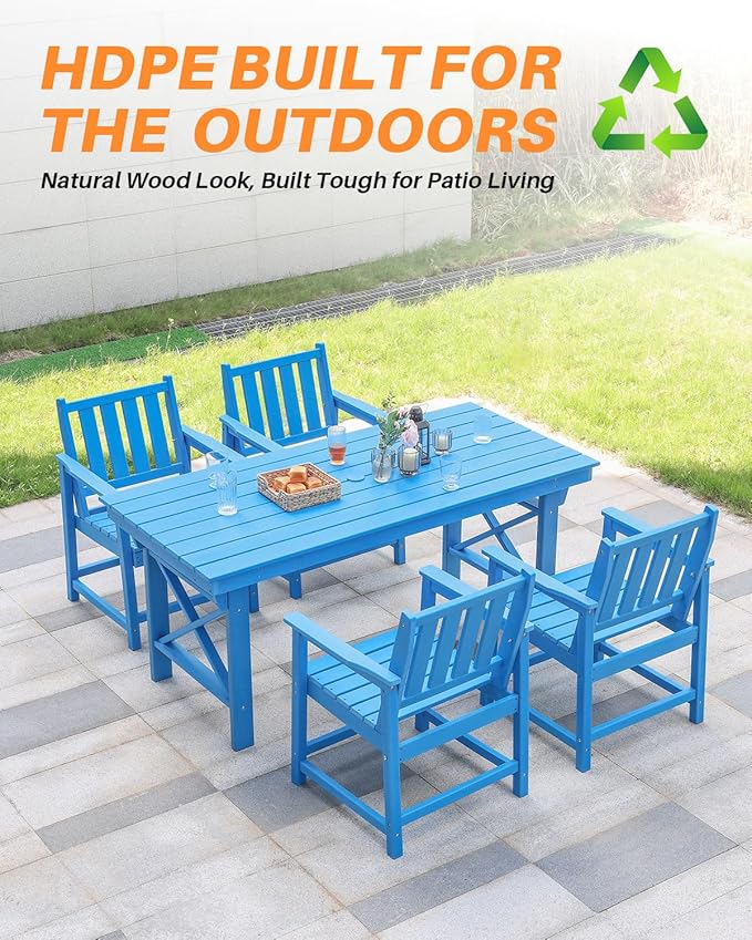 HDPE Outdoor Dining Table, 66.9” Rectangle Patio Dining Table for 6, All-Weather HDPE Outdoor Table with 2.2” Umbrella Hole, HDPE Patio Furniture for Deck, Backyard, Garden, Pool, Sky Blue