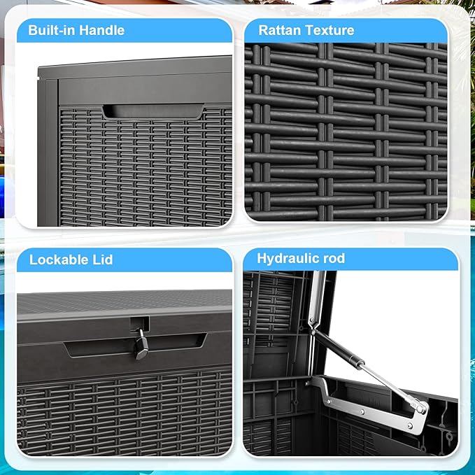 100 Gallon Outdoor Storage Box,Large Waterproof Resin Deck Box,Lockable Storage Container with Reinforced Support for Patio Cushions,Garden Tools,UV-Resistant๏ผBlack Rattan๏ผ
