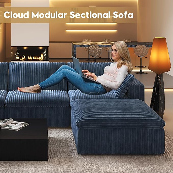 157.5" L Shaped Modern Sofa Modular Sectional Cloud Couch with Ottoman,Deep Seat Upholstered Couches with Corduroy Fabric for Living Room Furniture,Bedroom and Apartment,No Assembly Required,Blue