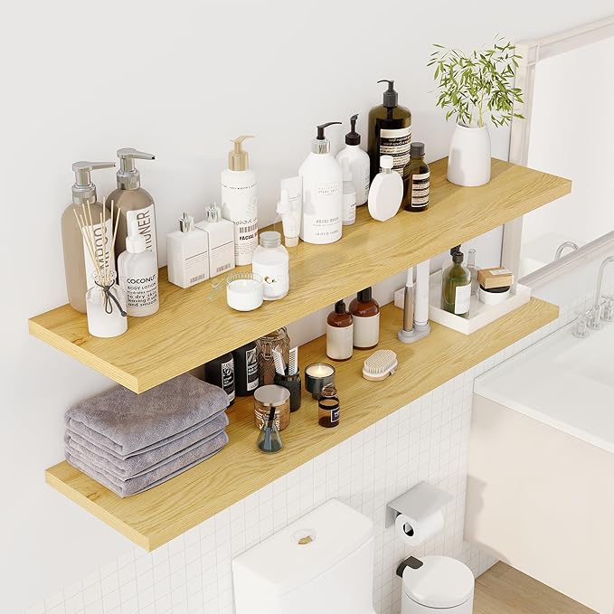 55" Floating Shelves for Wall, 12" Deep Slim Oak Floating Shelves, Wall-Mounted Shelves for Bedroom, Living Room, Kitchen, Bathroom - Set of 2