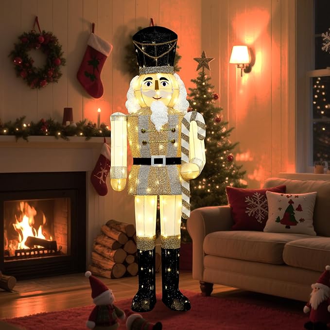 61Inch Nutcracker Christmas Decor Outdoor with LEDs 5 Feet Lighted Large Nutcracker Lighted Christmas Decorations Outdoor with Stakes & Zip Ties for Xmas Yard, Porch, Lawn