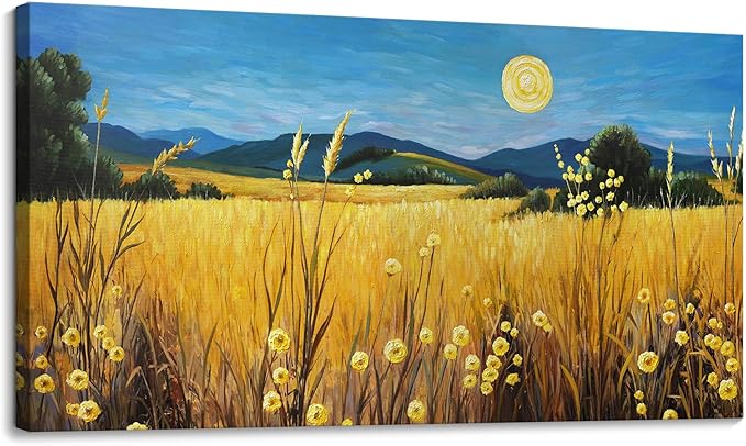 AJAZIKO Landscape Wall Art Moon Framed Canvas Wall Art Large Yellow Living Room Wall Decor Fall Paintings for Bedroom Nature Office Artwork 24×48IN