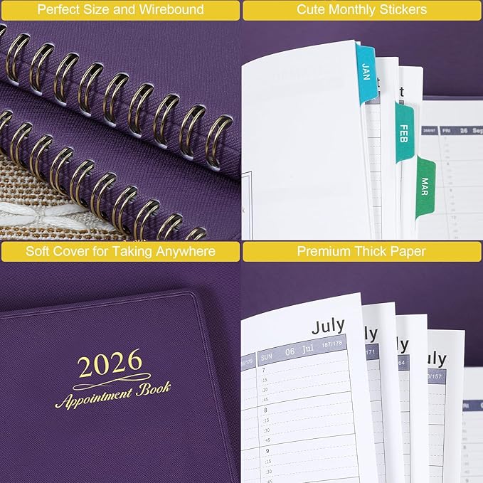 Appointment Book/Planner 2026 - Weekly Appointment Book 2026, January 2026 - December 2026, 8.26"x 11.4", Daily/Hourly Planner with Tabs, 15 Minutes, Wirebound - Purple