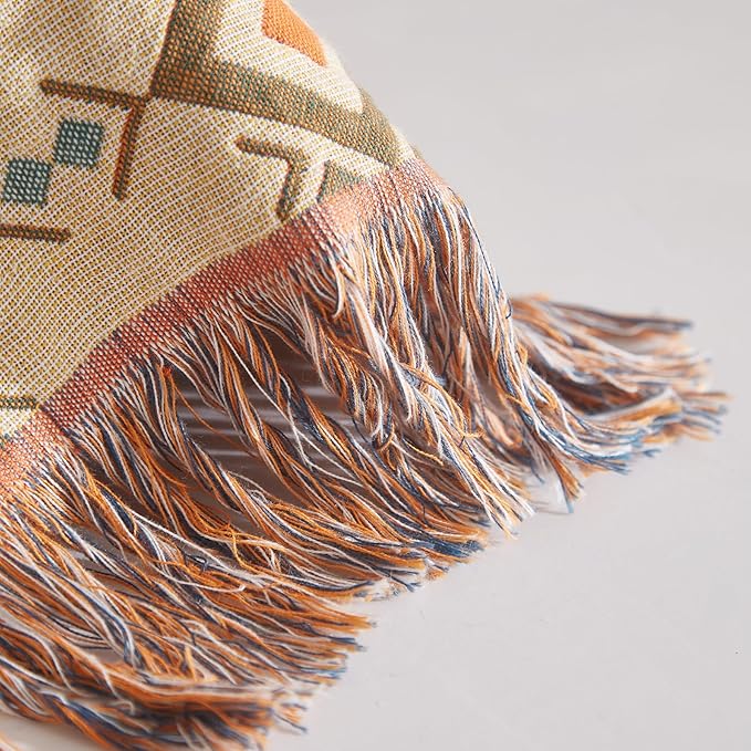 Boho Throw Blanket for Couch Sofa Bed, 100% Cotton Woven Quilt with Tassel 80”x90”, Super Soft Muslin Blanket with Patchwork Printed, Decorative Reversible Bed Blanket/Cover for All Seasons