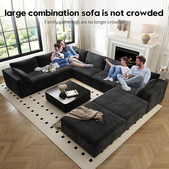 157.5" Cloud Couch Oversized Modular Sectional Sofa for Living Room,Modern Sofa with Deep Seat,8 Seater Boneless Couch with 2 Ottoman,Comfy Upholstered Couches for Apartment, Studio, Office,Black