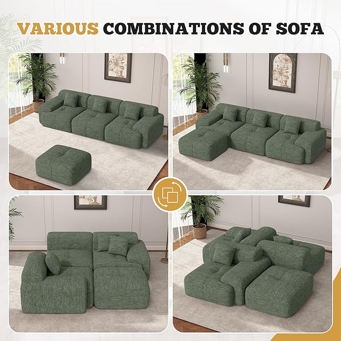 122" Modern L Shaped Modular Sectional Sofa, Boneless Couches for Living Room with Ottoman,4 Seater Convertible Chenille Cloud Couch Sofa Set, No Assembly Required, Green 1 PCS