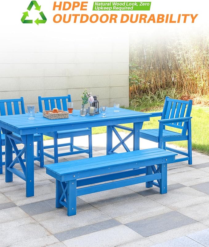 HDPE Outdoor Dining Set of 6, Patio Dining Table Set with 4 Chairs and 1 Bench, 6 Pieces HDPE Dining Set with Umbrella Hole, Outdoor Furniture Sets for Deck, Poolside, Garden, Sky Blue