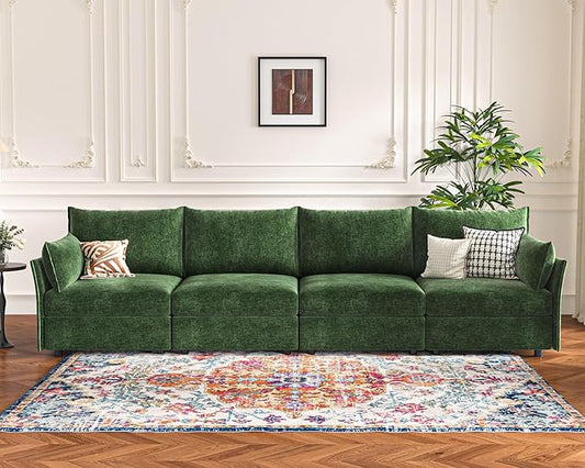 134.6" Modular Sectional Sofa, Oversized 4 Seater Green Couch with Removable Chenille Fabric Cover, Deep Seat & High Backrest for Living Room, Office & Apartment