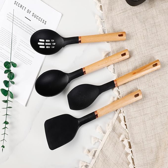 13-Piece silicone utensil set wood handle nonstick cookware safe dishwasher safe kitchen tools BPA free heat resistant (450°F/230°C) ceramic pan safe cooking gifts housewarming (Black)