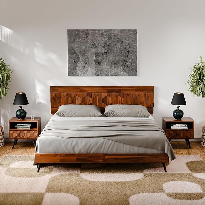 Bme Georgina Solid Wood Nightstand with 1 Drawer & Open Shelf- Fully Assembled Mid Century Modern Side Table - Geometric Pattern Bedside Dresser for Bedroom and Living Room, Dark Chocolate