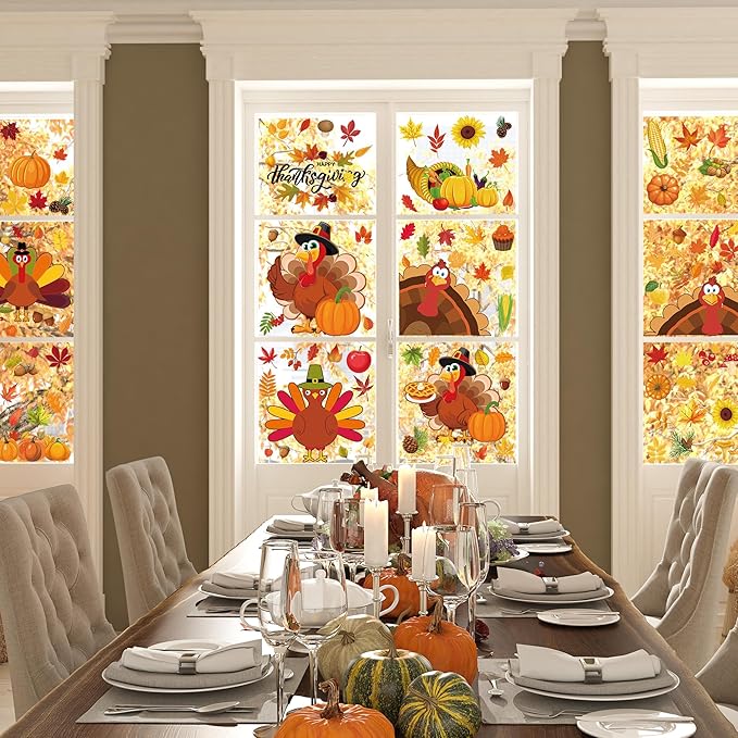 9 Sheets Thanksgiving Window Clings, 115PCS Thanksgiving Decorations Window Stickers, Turkey Decal Stickers with Cute Cones Nuts Maple Leaves Patterns for Fall Harvest Decorations Decor Accessories