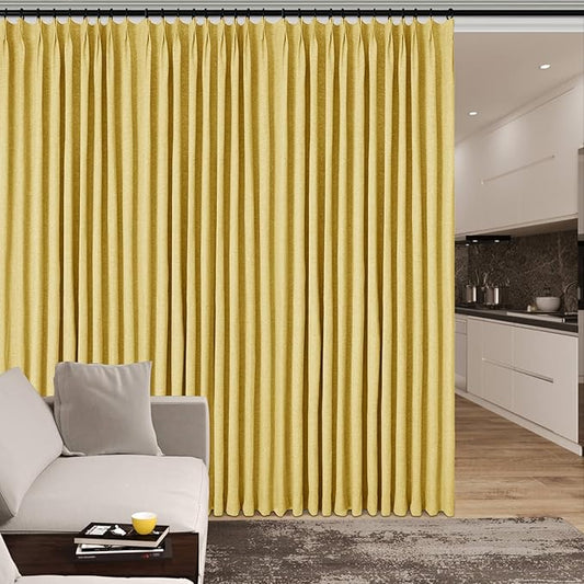 150 Inches Extra Wide Room Divider Draperies, Pinch Pleat Drapes, Absolutely Blackout Sliding Door Drapery, Total Privacy Ceiling Track Curtains, 150" W by 84" L, Yellow (1 Panel)