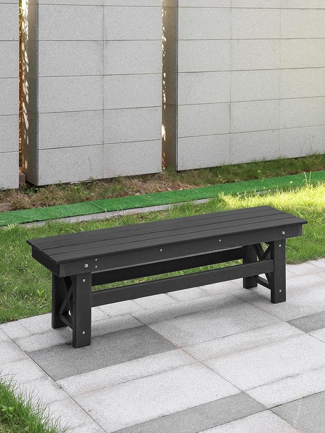 HDPE Outdoor Bench, 55" Patio Bench Outdoor Furniture, Poly Lumber Adirondack Benches, Fade-Resistant HDPE Garden Backless Benches for Park, Poolside, Garden, Porch, Obsidian