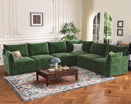 135.5" Oversized Modular Sectional Sofa, L Shaped Convertible Couch with Movable Ottoman, Large 6 Seat Corner Couches for Living Room Deep Seat Green Chenille