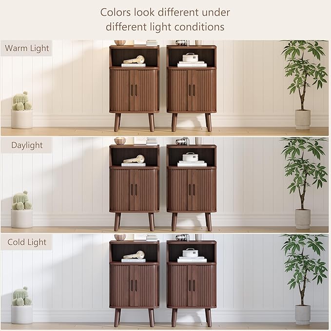 Alohappy Fluted End Table Set of 2, Mid Century Modern Nightstand with Sliding Tambour Door, Curved Round Edge Wood Bedside Table for Bedroom, Side Tables with Storage for Living Room, Walnut