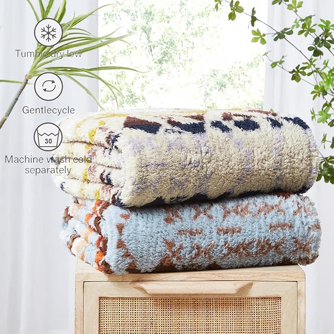 CASAAGUSTO Boho Sherpa Throw Blanket, Aztec Throw Blanket, Ultra Soft, Warm, Cozy, Plush, Thick Fleece Bohemian Blanket for Couch, Bed, Sofa (Blue Grey 50 * 60 Inch)