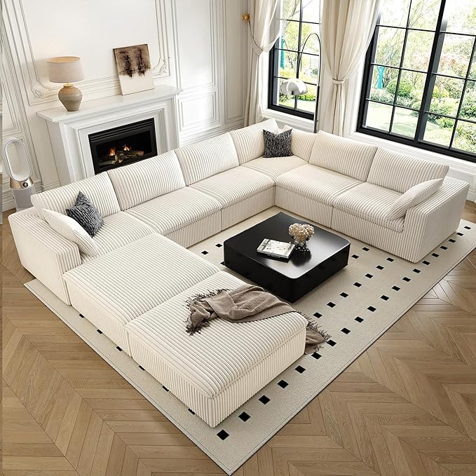 157.5" Cloud Couch Oversized Modular Sectional Sofa for Living Room,Modern Sofa with Deep Seat,8 Seater Boneless Couch with 2 Ottoman,Comfy Upholstered Couches for Apartment, Studio, Office,White