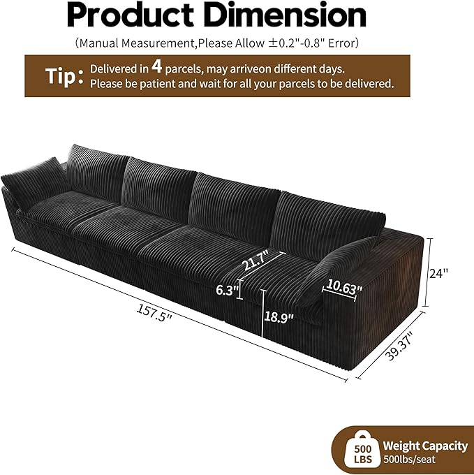 157.5" 4-Seater Cloud Sofa,Modular Sectional Couch,Modern Deep Seat Upholstered Couches with Plush Corduroy Fabric for Living Room Furniture,Bedroom and Apartment,No Assembly Required,Black