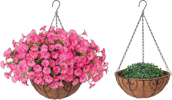 Artificial Faux Hanging Plants Flowers Basket for Outdoors Outside Spring Summer Decoration, Silk Pink Morning Glory in Planter UV Resistant Look Real Fake Flowers for Porch Patio Balcony Home Yard