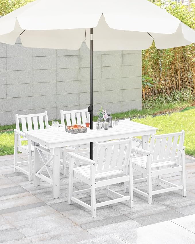 HDPE Patio Dining Set, 5-Piece Outdoor Table and Chairs with Umbrella Hole, Modern Outdoor Dining Set for 4, HDPE Outdoor Patio Furniture Dining Sets for Deck, Poolside, Porch, Pearl