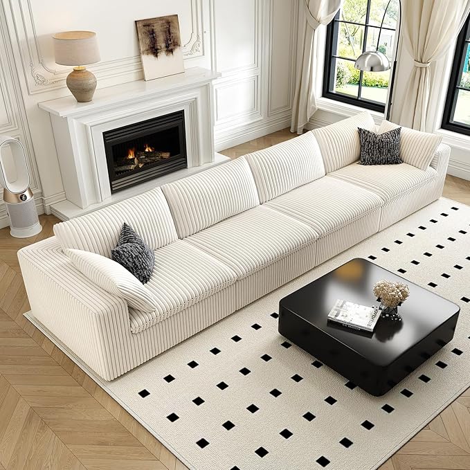 157.5" Cloud Couch Modular Sectional Sofa for Living Room,Modern Sofa with Deep Seat,4 Seater Boneless Couch,Comfy Upholstered Corduroy Couches for Apartment, Studio, Office,Bedroom,White