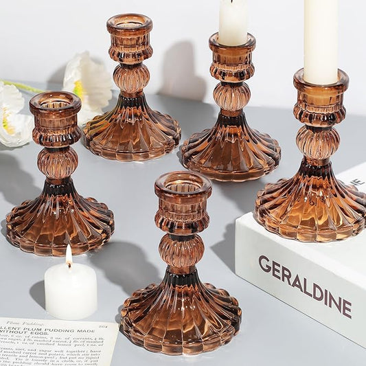 12PCS Amber Candlestick Holders Set- 4" H Taper Candle Holders, Glass Candle Holders Bulk for Wedding, Party, Fall Home Table Centerpieces, Festival Gifts & Windowsill Decor