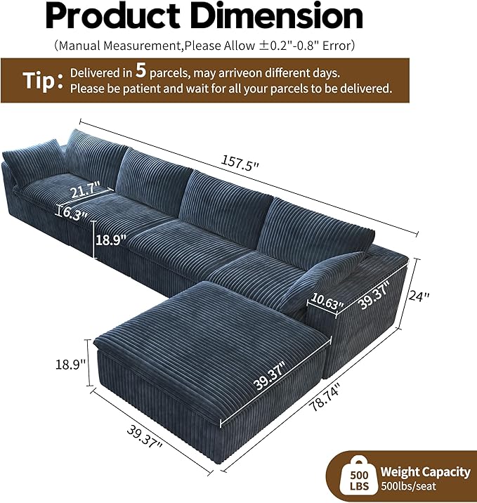 157.5" L Shaped Modern Sofa Modular Sectional Cloud Couch with Ottoman,Deep Seat Upholstered Couches with Corduroy Fabric for Living Room Furniture,Bedroom and Apartment,No Assembly Required,Blue