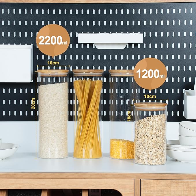 70oz Straight cylindrical Airtight Storage Jars with Bamboo Lid Set of 3 Storage Container Glass Jars, Kitchen Canister for Noodles, Pasta and Coffee beans (with Black Lable)