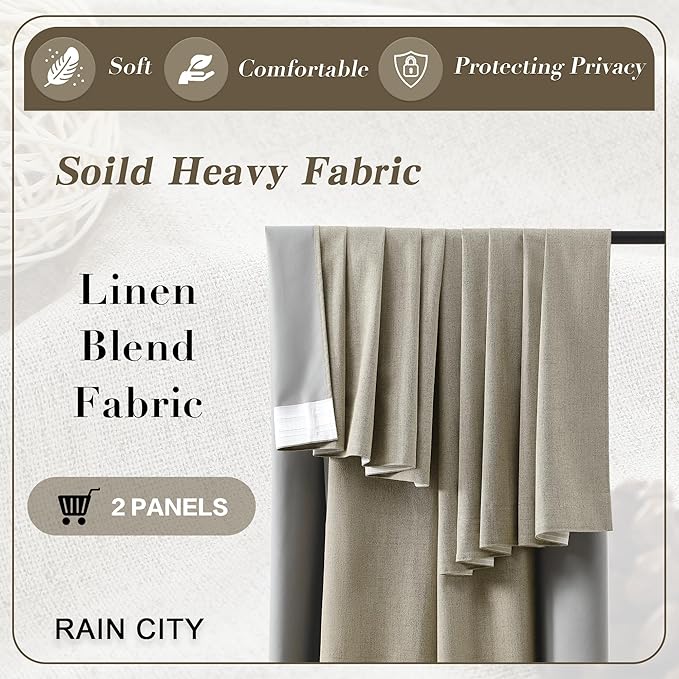 Blackout Linen Blend Curtains 84 inch Long 2 Panels,Back Tab with Hooks,Light Blocking Thermal Insulated Draperies Modern Farmhouse Textured Curtains for Living Room Dining Room - Light Taupe