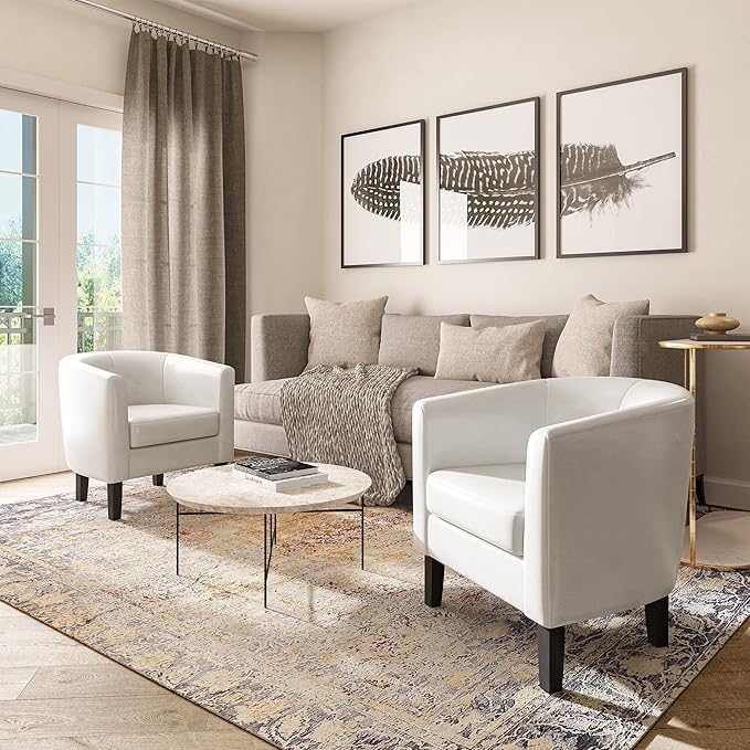 BELLEZE Accent Barrel Chair, Set of 2 lub Tub Sofa Corner Chair with Flared Legs and Cozy Soft Padding for Living Room Bedroom Waiting Room - White