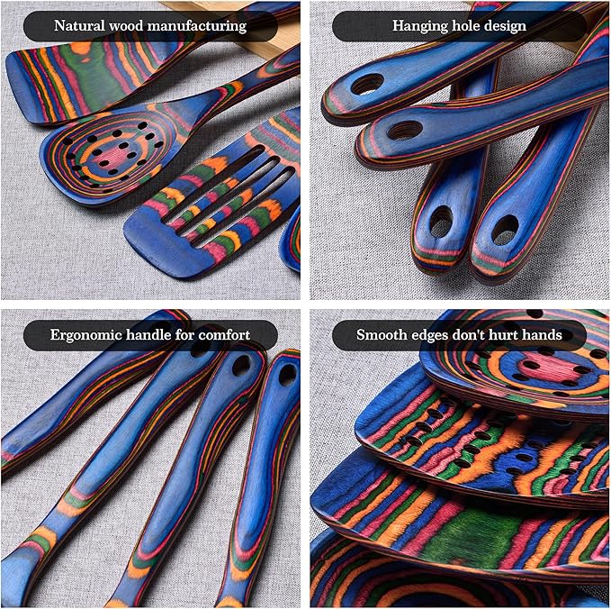 Heat-Resistant Wood Cooking Utensils - 7pc Set, Eco-Friendly, Includes Spatula, Pasta & Slotted Spoons, Essential Kitchen Tool