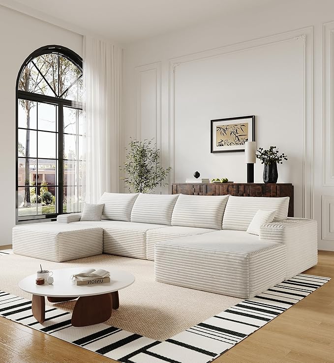 136" Sectional Couches for Living Room Modern Modular Sofa with L-Shape Couchs Upholstered Boneless Couch Deep Seat Sectional Couch with Chaise (White, Right Facing Chaise+3Seaters+Ottoman)