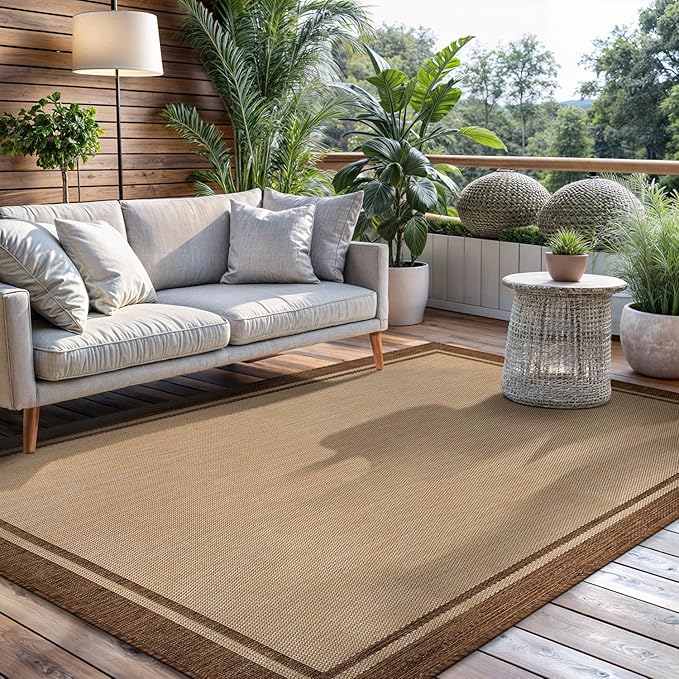 CAMILSON Outdoor Rug 5x7 Bordered Natural Brown Modern Area Rugs for Indoor and Outdoor Patios, Kitchen and Hallway Mats, Washable Porch Deck Outside Carpet (Border Jute, 5 x 7)