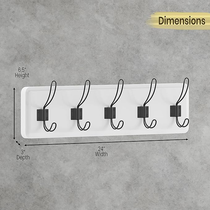 HBCY Creations White Solid Wood Wall Mounted Coat Rack with Shelf, 5 Hooks, 24" Long - Kitchen, Mudroom, Entryway, Bathroom - Includes Mounting Hardware, Coat Hanger, Dog Leash Hooks, Towel Rack